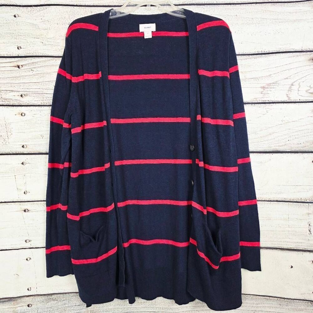Old Navy Navy Blue & Red Striped Button Cardigan Sweater L